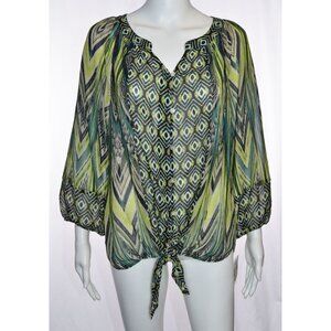 FIGUEROA & Flower Chevron Geo Print Tie Waist Semi-Sheer Blouse Green/Black Sz L